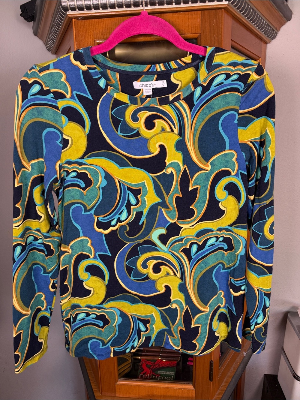 Chico's Teal, Navy & Yellow Swirl Print Crewneck Sweater